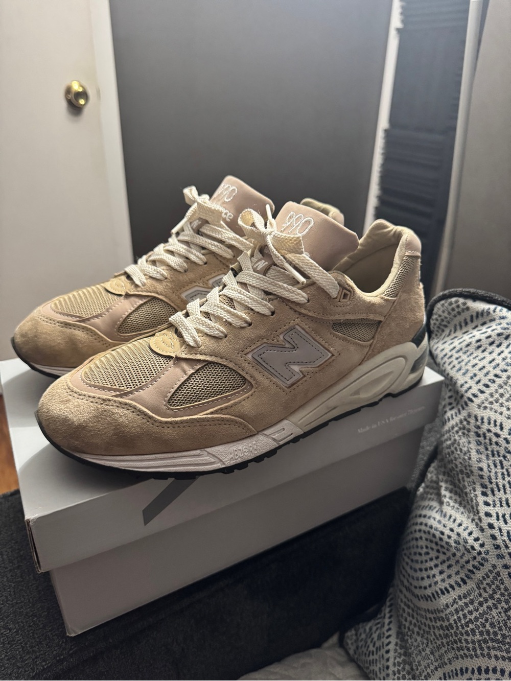 New Balance 990 Light Beige Suede & Mesh Sneakers